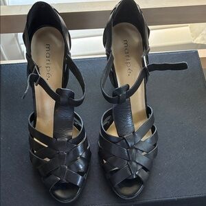 Maripe Black Leather Woven Peep-Toe Heels size 9 excellent